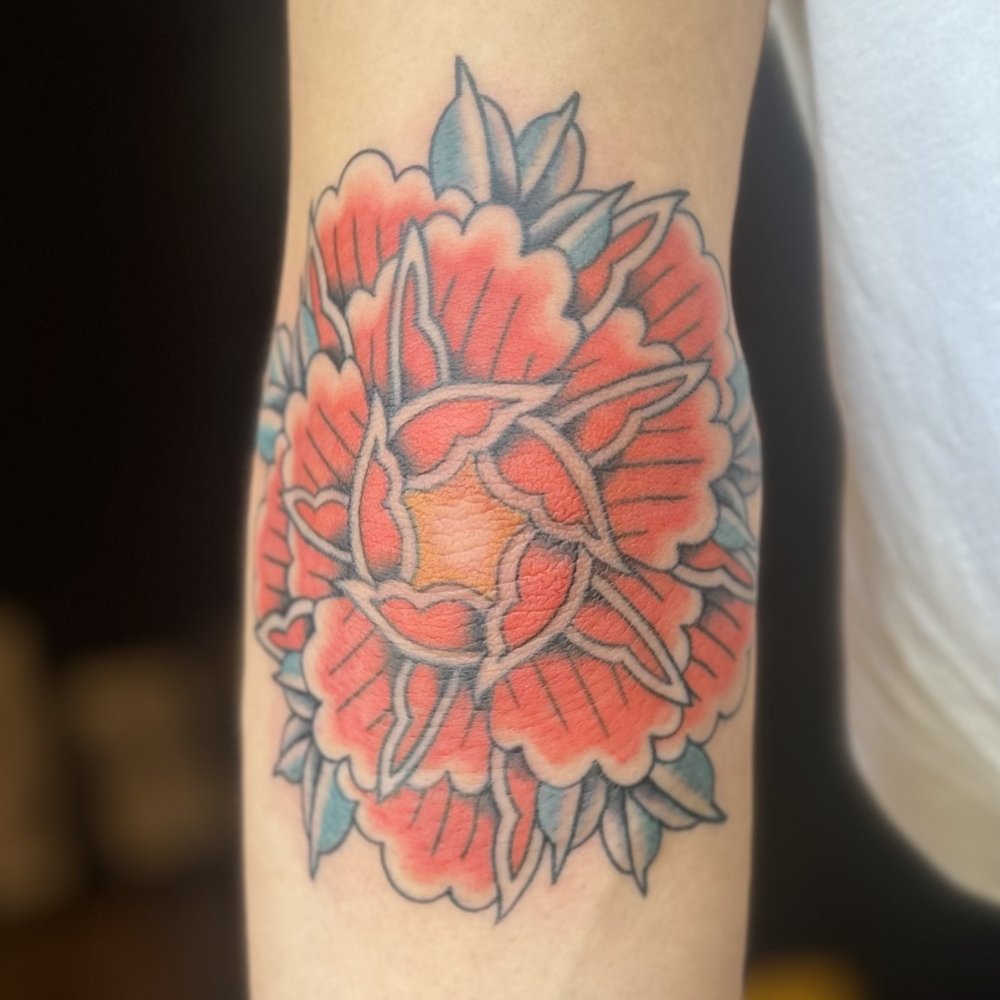 牡丹の花で肘ブレイク